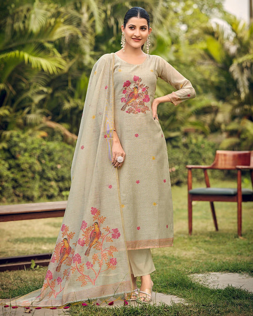 White Rani Muga Cotton Suit Set with Bird and Floral Embroidery