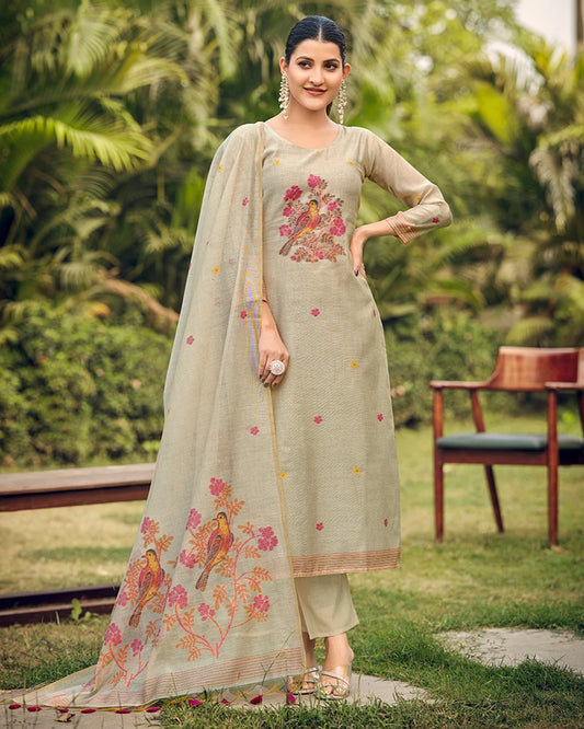 White Rani Muga Cotton Suit Set with Bird and Floral Embroidery