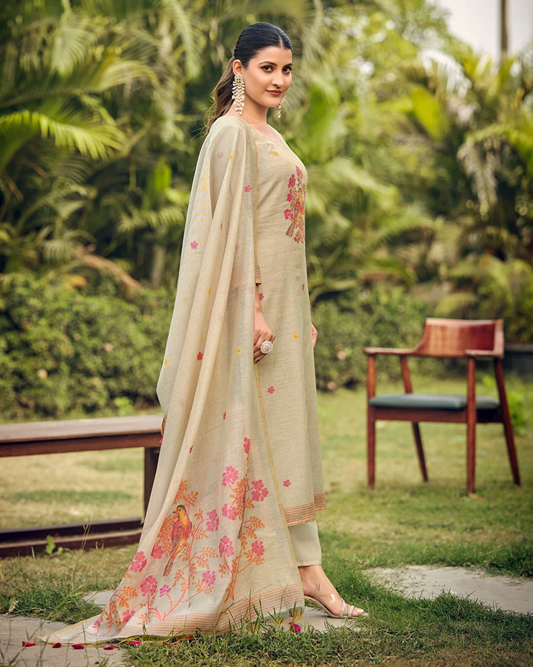 White Rani Muga Cotton Suit Set with Bird and Floral Embroidery