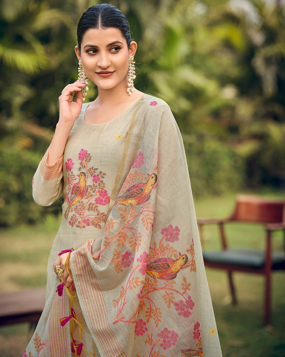 White Rani Muga Cotton Suit Set with Bird and Floral Embroidery