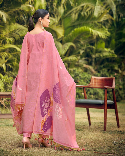 Rose Poetry – Pink Muga Cotton Suit with Garden Bloom Art