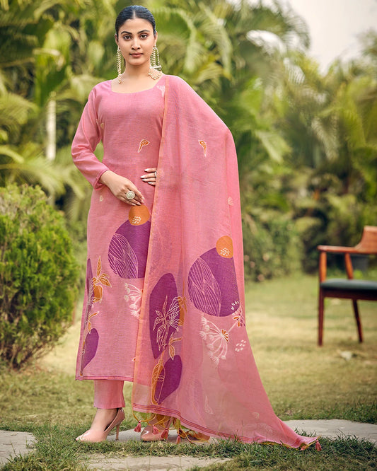 Rose Poetry – Pink Muga Cotton Suit with Garden Bloom Art