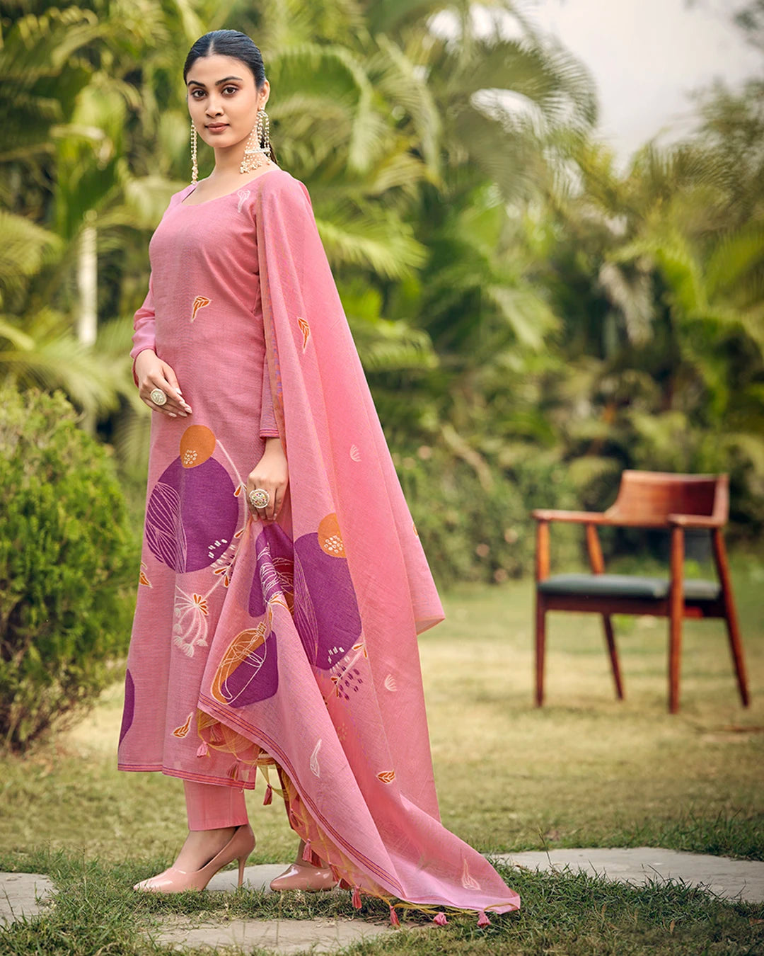 Rose Poetry – Pink Muga Cotton Suit with Garden Bloom Art