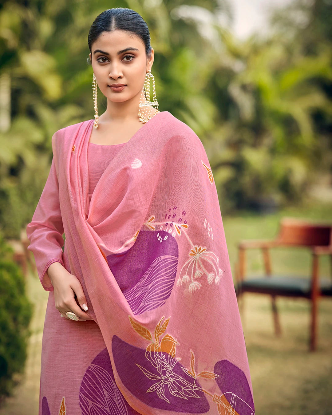 Rose Poetry – Pink Muga Cotton Suit with Garden Bloom Art