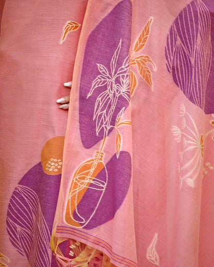 Rose Poetry – Pink Muga Cotton Suit with Garden Bloom Art