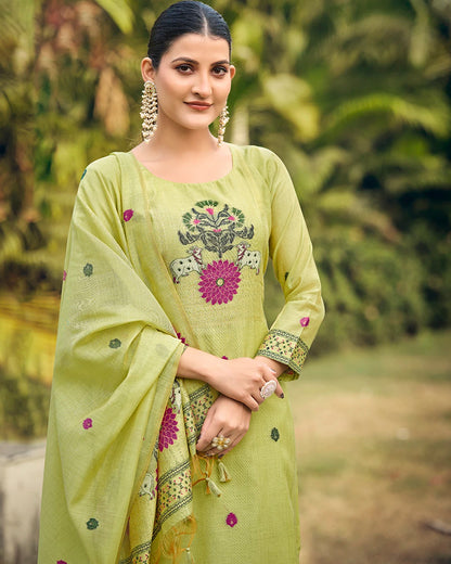 Jade Serenity – Pista Green Muga Cotton Suit with Pichwai Artistry