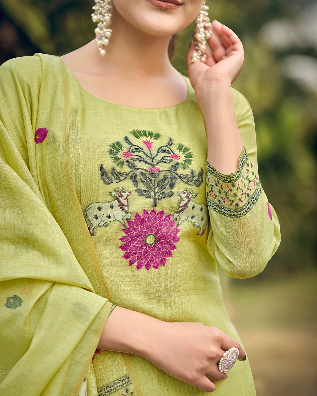 Jade Serenity – Pista Green Muga Cotton Suit with Pichwai Artistry