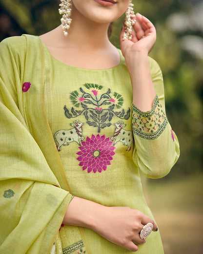 Jade Serenity – Pista Green Muga Cotton Suit with Pichwai Artistry