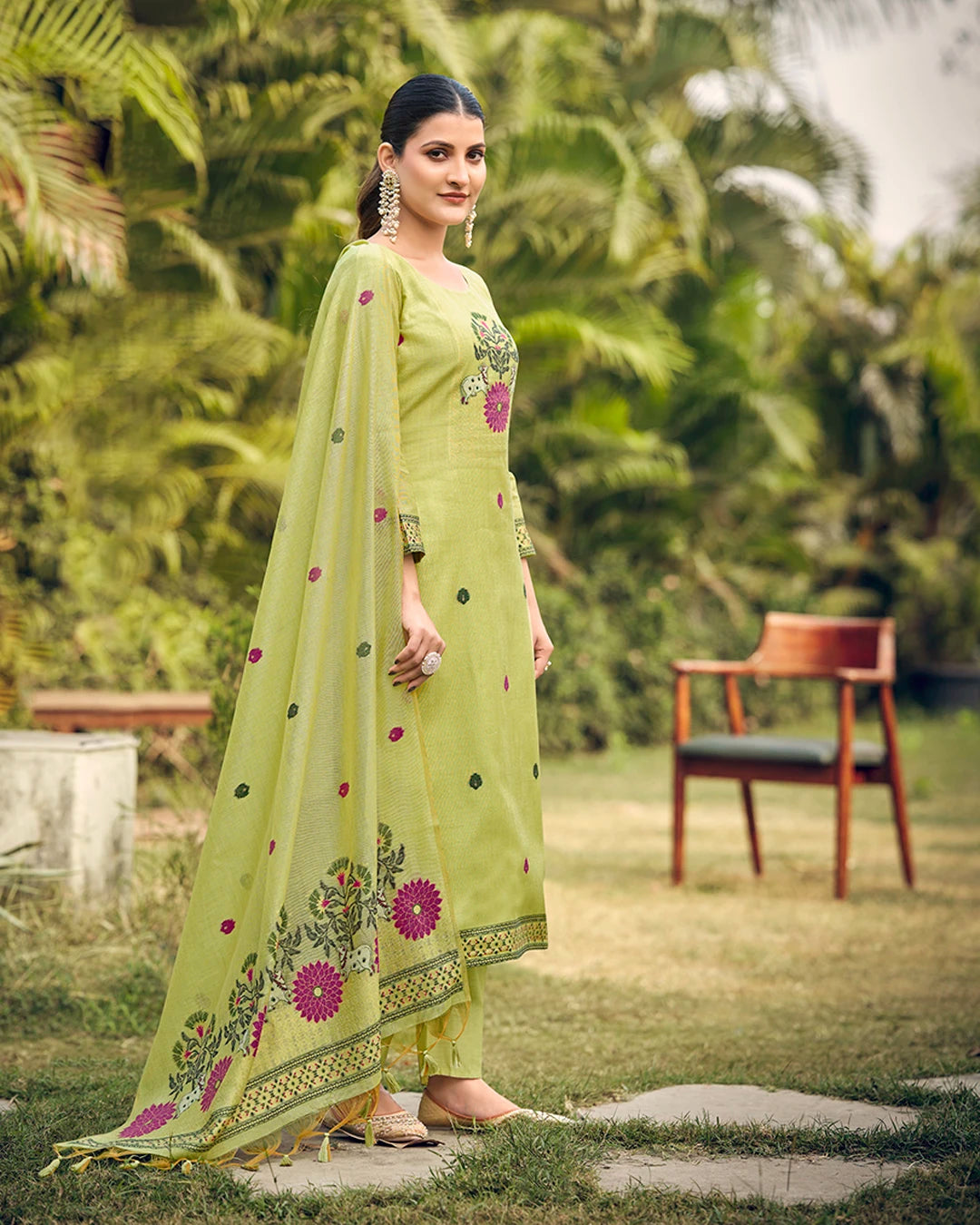 Jade Serenity – Pista Green Muga Cotton Suit with Pichwai Artistry