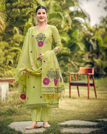 Jade Serenity – Pista Green Muga Cotton Suit with Pichwai Artistry
