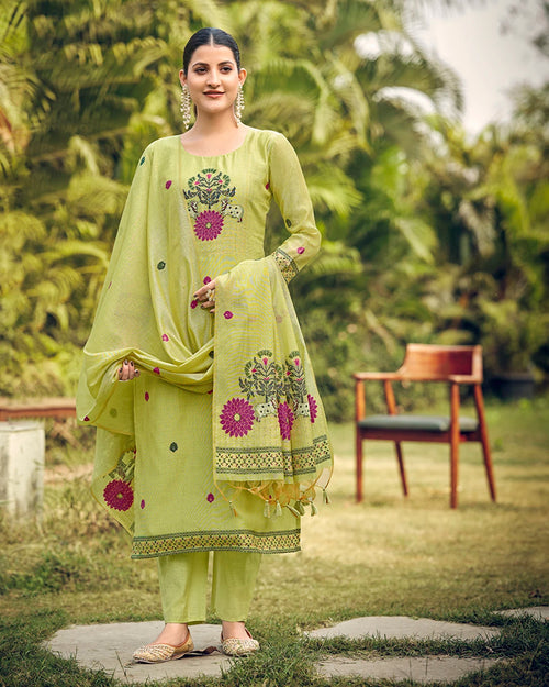 Jade Serenity – Pista Green Muga Cotton Suit with Pichwai Artistry