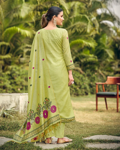 Jade Serenity – Pista Green Muga Cotton Suit with Pichwai Artistry
