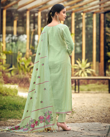 Azure Grace – Light Sky Muga Cotton Suit with Peacock Elegance