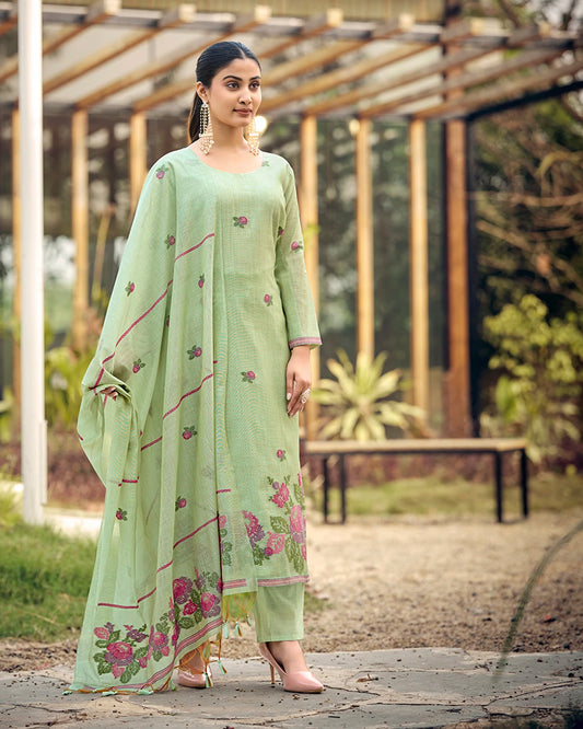 Azure Grace – Light Sky Muga Cotton Suit with Peacock Elegance