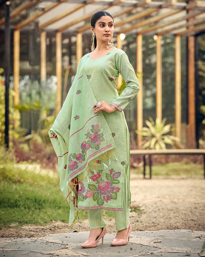 Azure Grace – Light Sky Muga Cotton Suit with Peacock Elegance