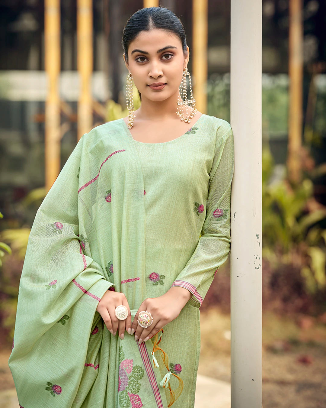Azure Grace – Light Sky Muga Cotton Suit with Peacock Elegance