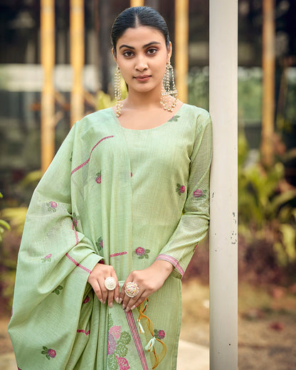 Azure Grace – Light Sky Muga Cotton Suit with Peacock Elegance