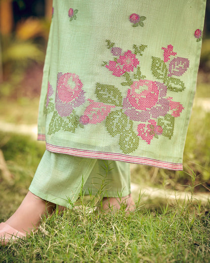 Azure Grace – Light Sky Muga Cotton Suit with Peacock Elegance