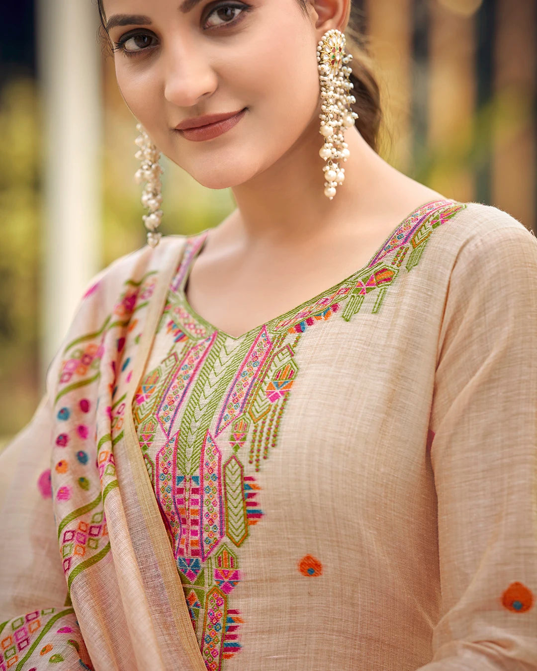 Blush Poetry – Baby Pink Muga Cotton Suit with Garden Bloom Art