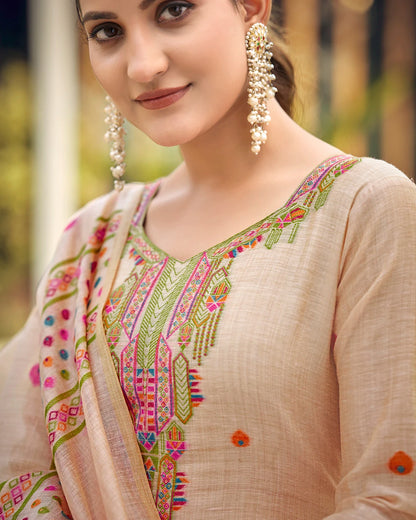 Blush Poetry – Baby Pink Muga Cotton Suit with Garden Bloom Art