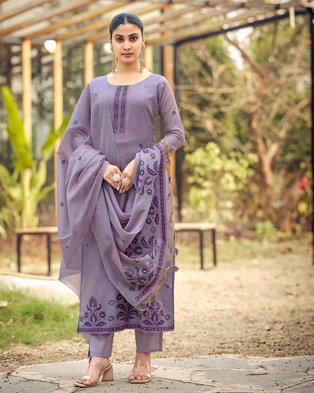Lavender Poetry – Light Violet Muga Cotton Suit with Garden Bloom Art