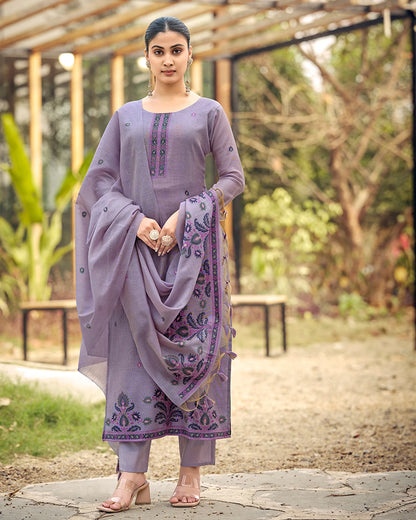 Lavender Poetry – Light Violet Muga Cotton Suit with Garden Bloom Art