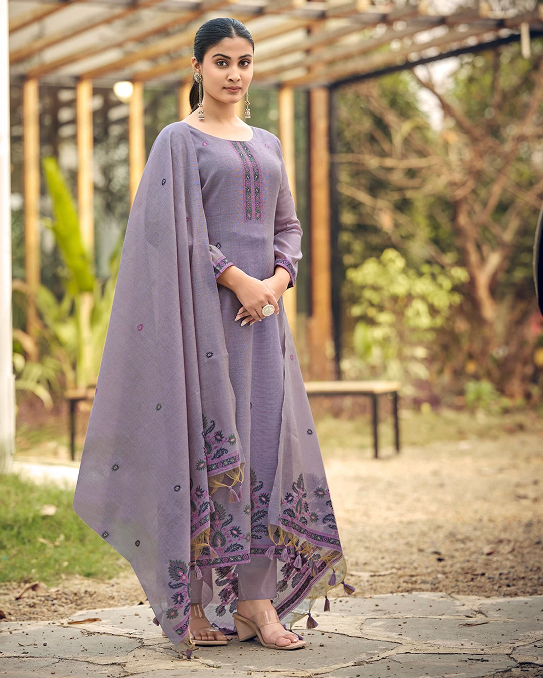 Lavender Poetry – Light Violet Muga Cotton Suit with Garden Bloom Art