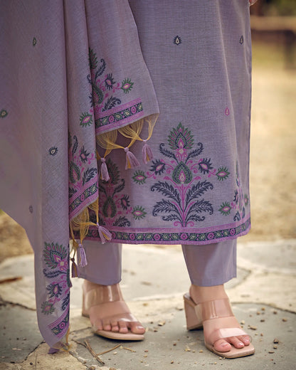 Lavender Poetry – Light Violet Muga Cotton Suit with Garden Bloom Art