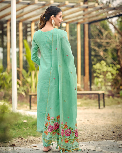 Azure Bloom – Sky Blue Muga Cotton Suit with Rose Artistry