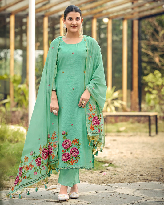 Azure Bloom – Sky Blue Muga Cotton Suit with Rose Artistry
