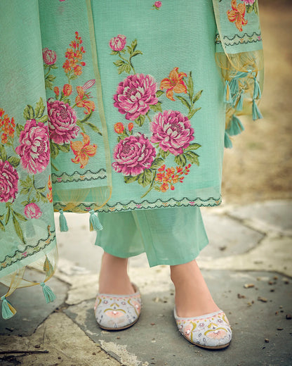 Azure Bloom – Sky Blue Muga Cotton Suit with Rose Artistry