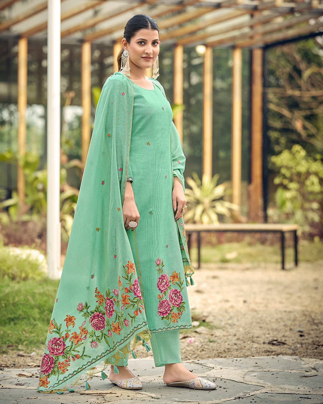 Azure Bloom – Sky Blue Muga Cotton Suit with Rose Artistry
