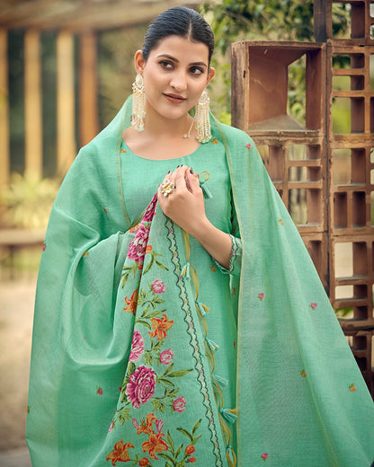 Azure Bloom – Sky Blue Muga Cotton Suit with Rose Artistry