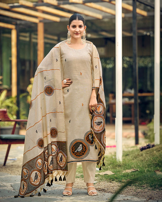 Mocha Heritage – Copper Rangkat Muga Cotton Suit with Artisan Motif