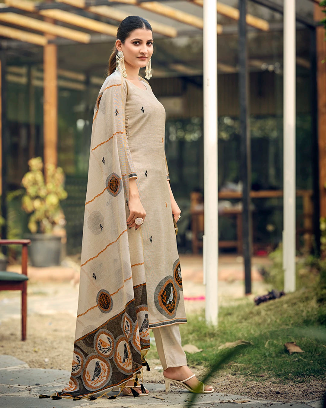 Mocha Heritage – Copper Rangkat Muga Cotton Suit with Artisan Motif