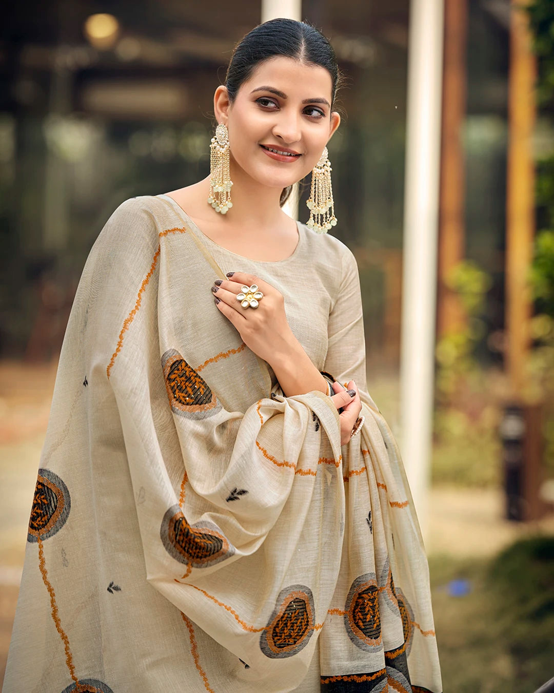 Mocha Heritage – Copper Rangkat Muga Cotton Suit with Artisan Motif