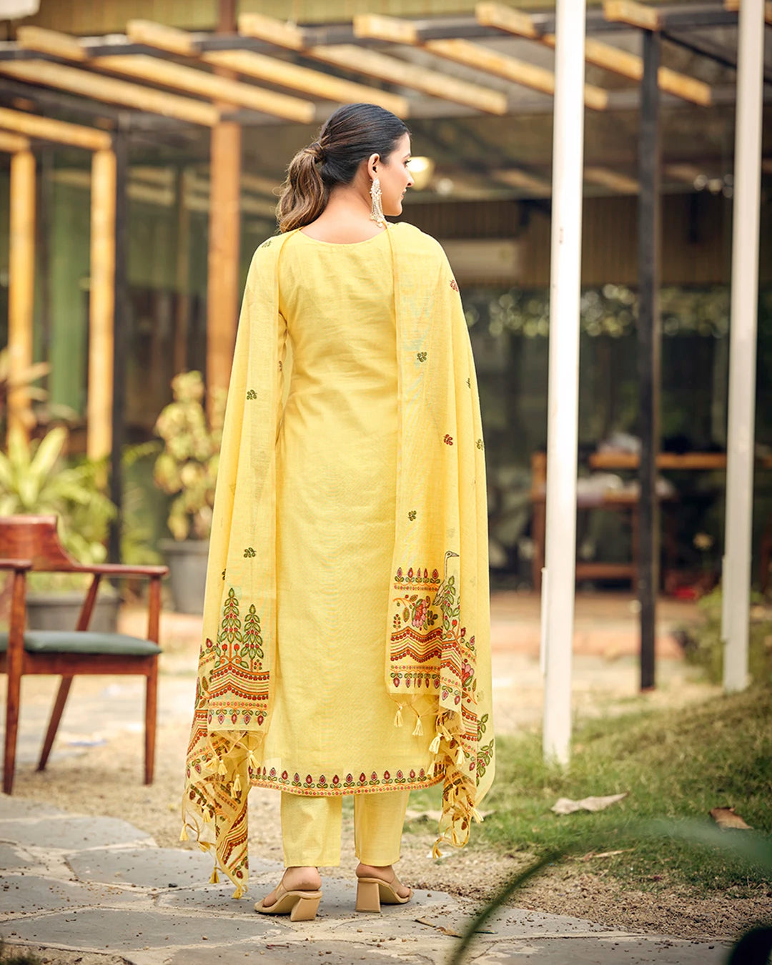 Golden Radiance – Yellow Muga Cotton Suit with Crane Elegance