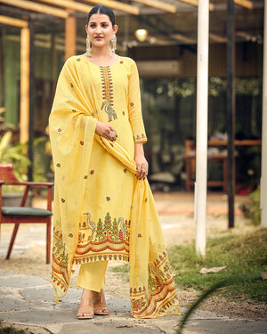Golden Radiance – Yellow Muga Cotton Suit with Crane Elegance
