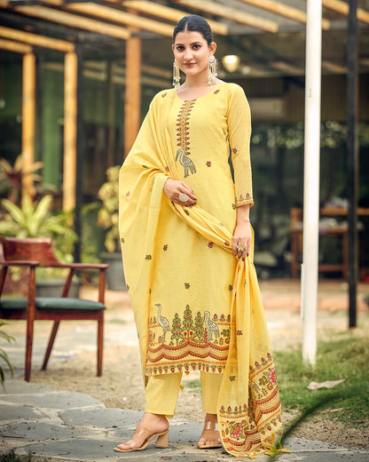 Golden Radiance – Yellow Muga Cotton Suit with Crane Elegance
