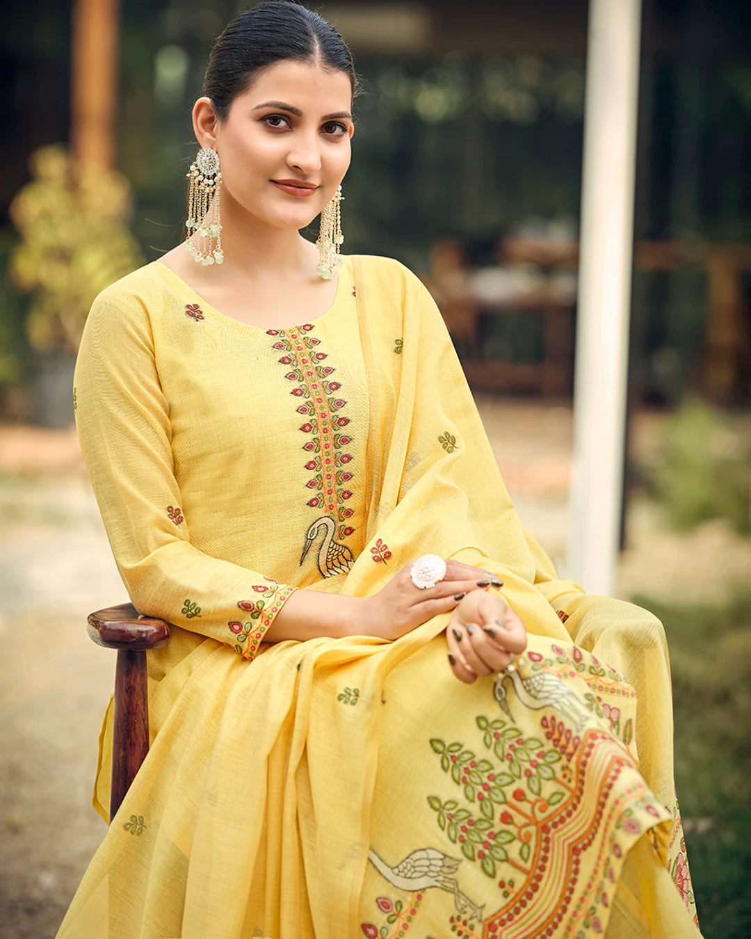 Golden Radiance – Yellow Muga Cotton Suit with Crane Elegance