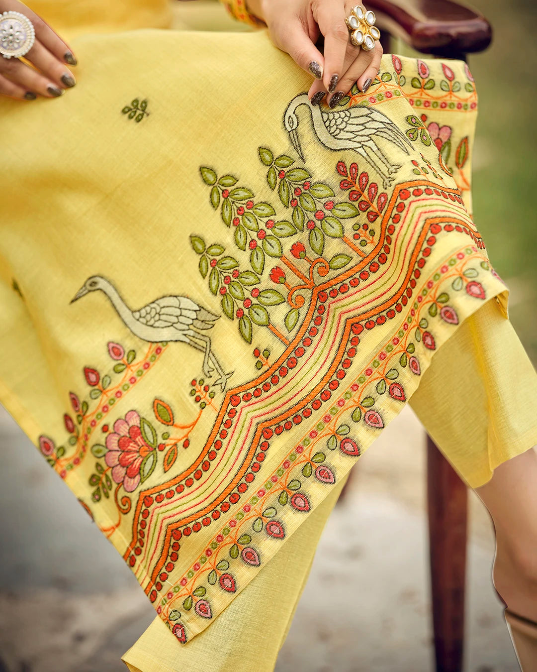 Golden Radiance – Yellow Muga Cotton Suit with Crane Elegance
