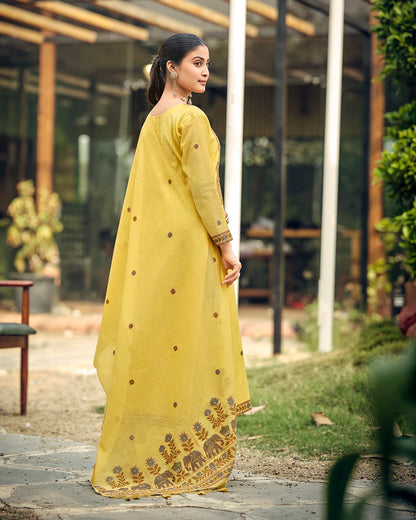 Golden Heritage – Yellow Muga Cotton Suit with Artisan Elephant Art