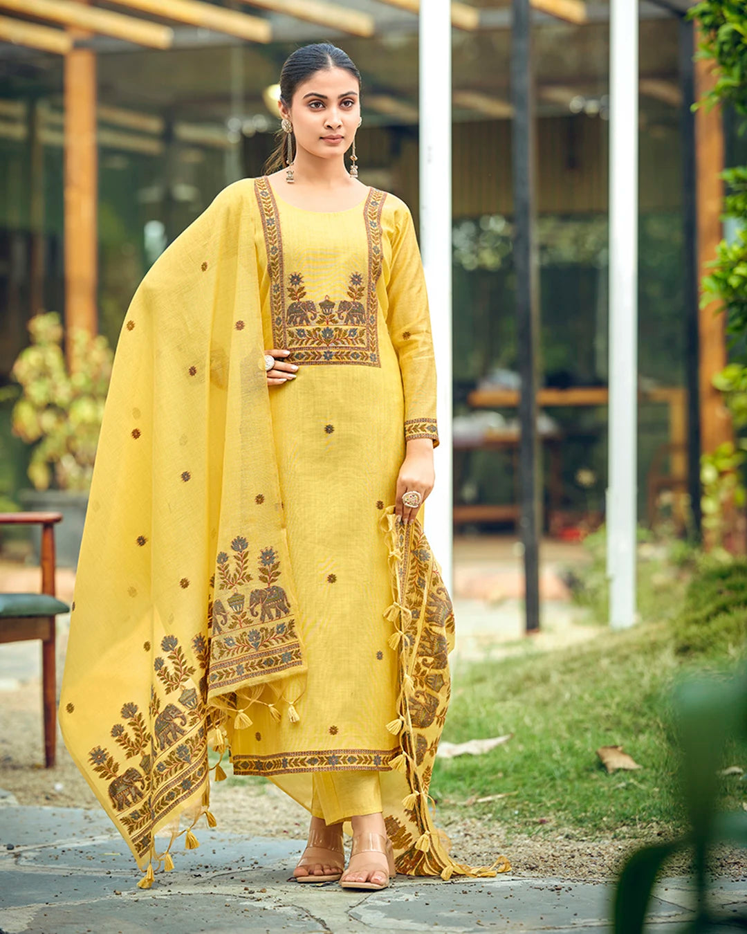 Golden Heritage – Yellow Muga Cotton Suit with Artisan Elephant Art