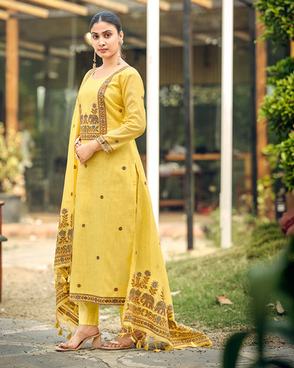 Golden Heritage – Yellow Muga Cotton Suit with Artisan Elephant Art