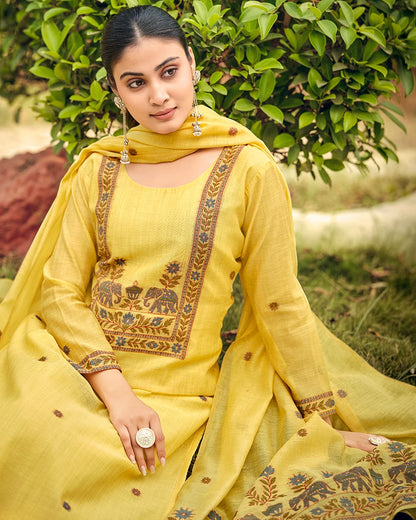 Golden Heritage – Yellow Muga Cotton Suit with Artisan Elephant Art