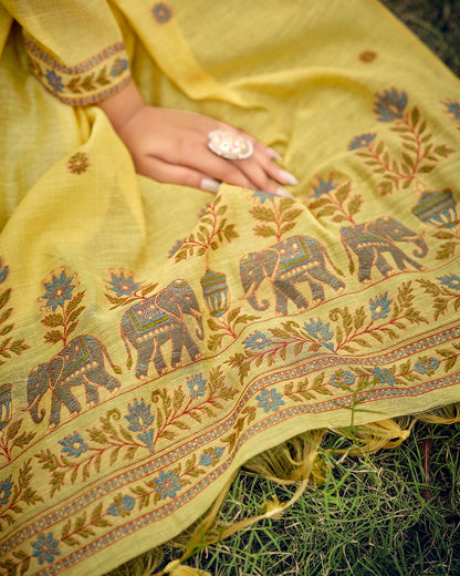Golden Heritage – Yellow Muga Cotton Suit with Artisan Elephant Art