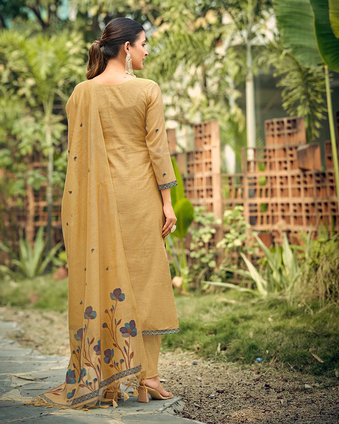 Golden Sands – Yellow Chiku Muga Cotton Suit with Peacock Grace