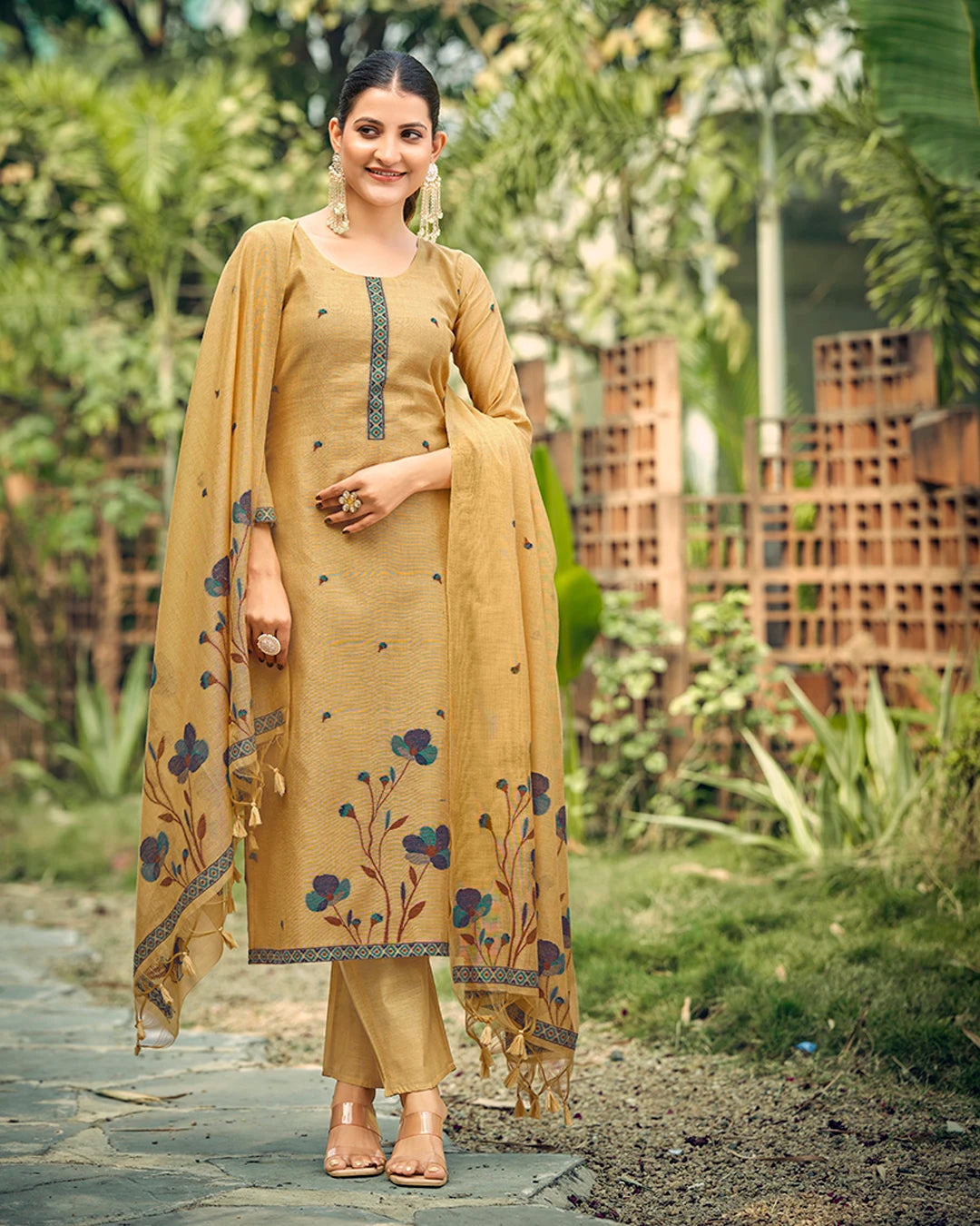 Golden Sands – Yellow Chiku Muga Cotton Suit with Peacock Grace