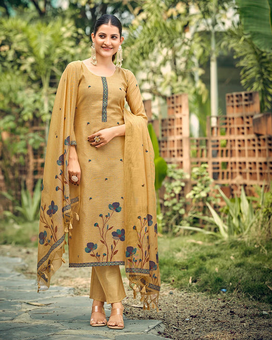 Golden Sands – Yellow Chiku Muga Cotton Suit with Peacock Grace