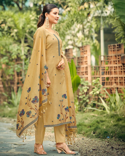 Golden Sands – Yellow Chiku Muga Cotton Suit with Peacock Grace